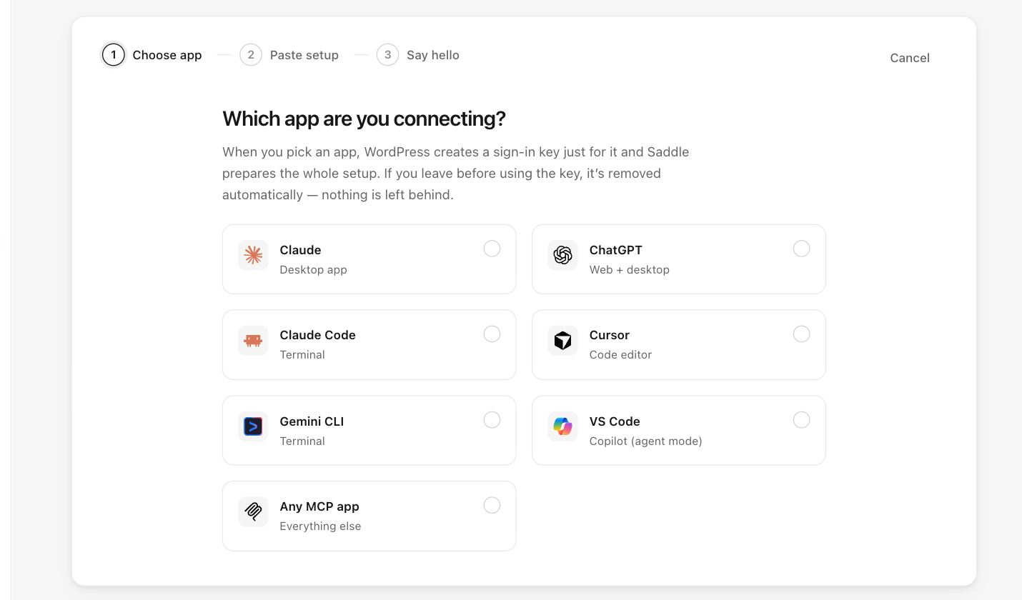 Saddle connect wizard in WordPress showing the Choose app step with Claude, ChatGPT, Claude Code, Cursor, Gemini CLI, VS Code and Any MCP app