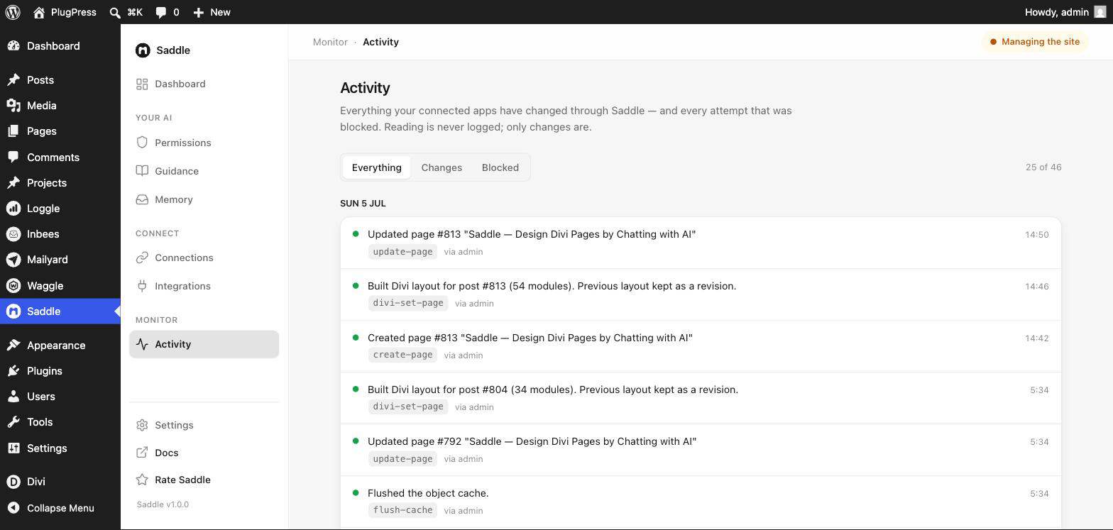 The Saddle Activity screen, listing changes an AI made to the site grouped by day